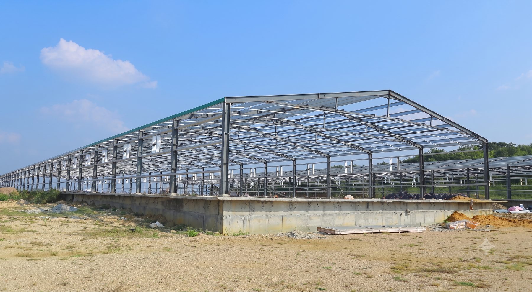 Pre-engineered steel poultry house frame under construction